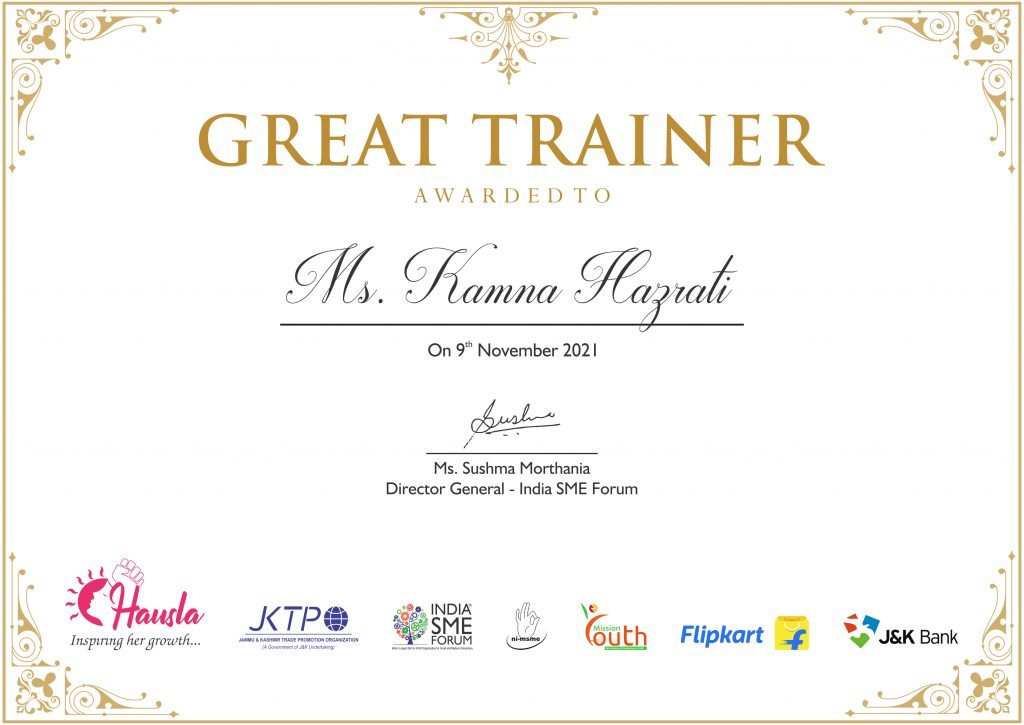 India SME Forum - Certificate of Appreciation - Ms. Kamna Hazrati